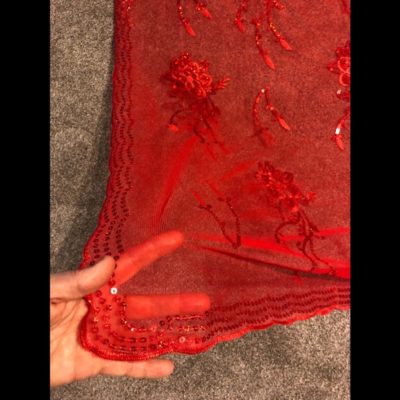 Embroidered Embellished Sequins  Paillettes Scarf Shawl 40,5 x40,5 Chic red mesh - Picture 9 of 12